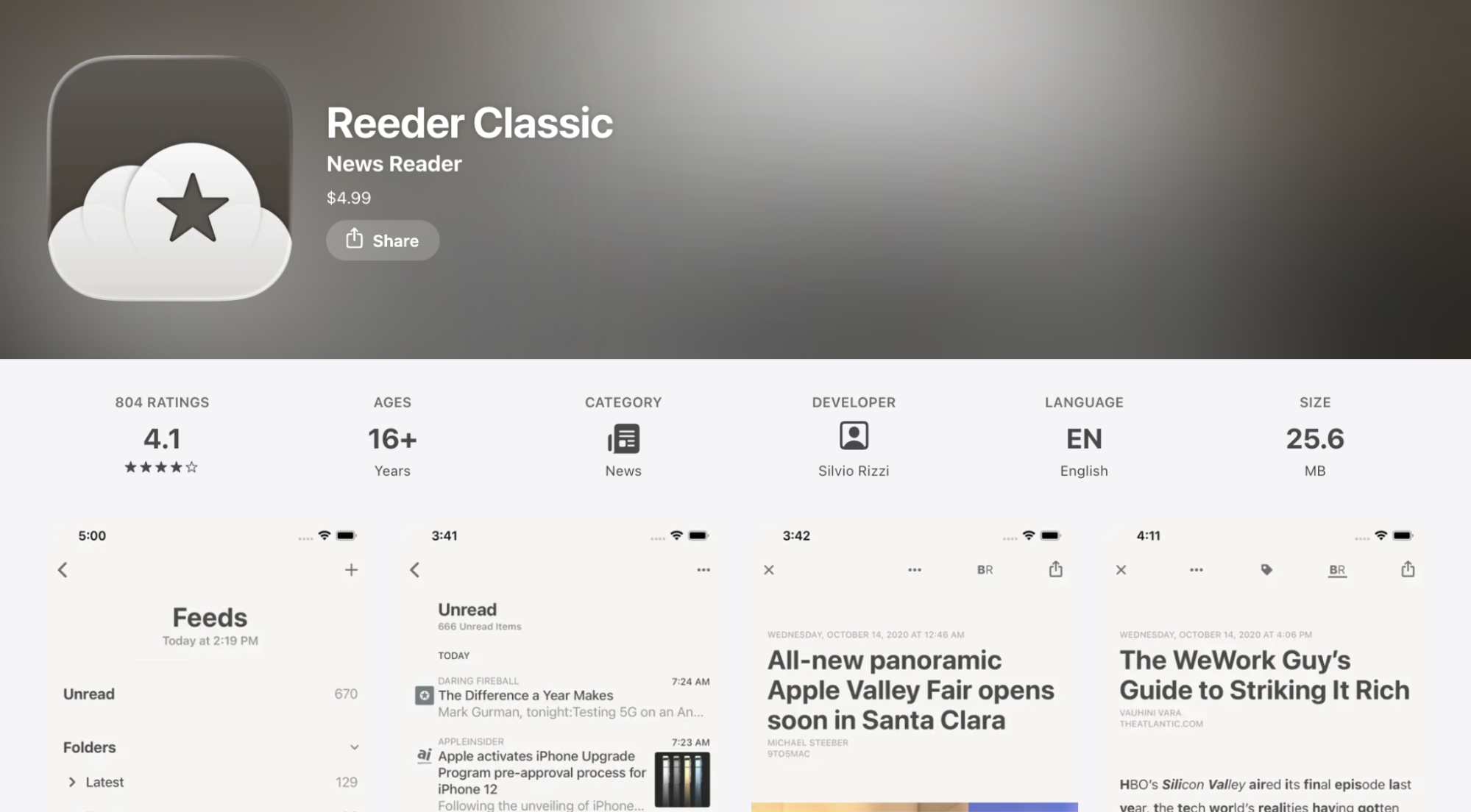 Screenshot of the Reeder Classic App Store page showing its RSS news reader interface, ratings, and article feed layout.