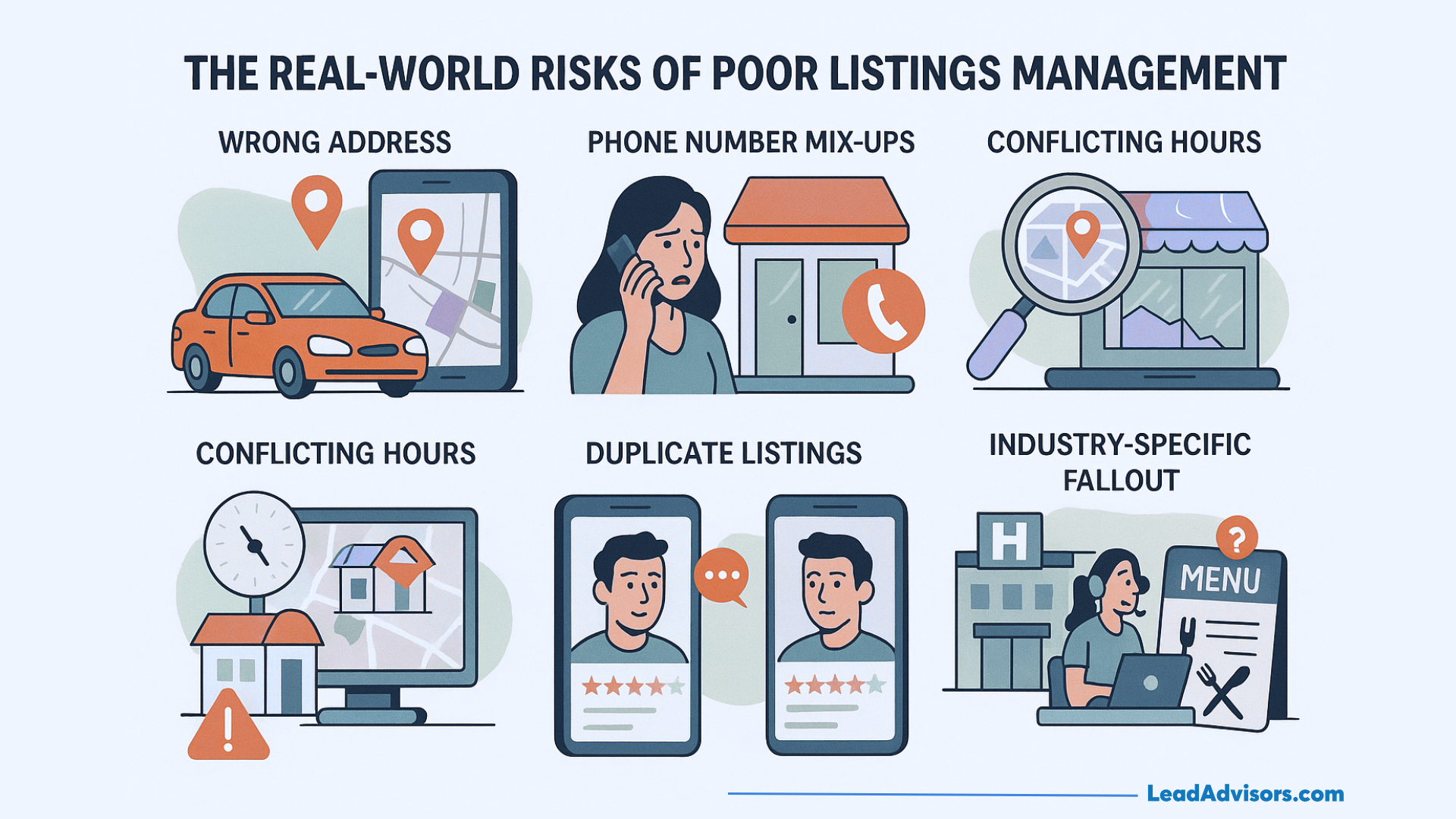 Illustration of real-world risks caused by poor listings management, including wrong addresses, phone mix-ups, conflicting hours, and duplicate listings.