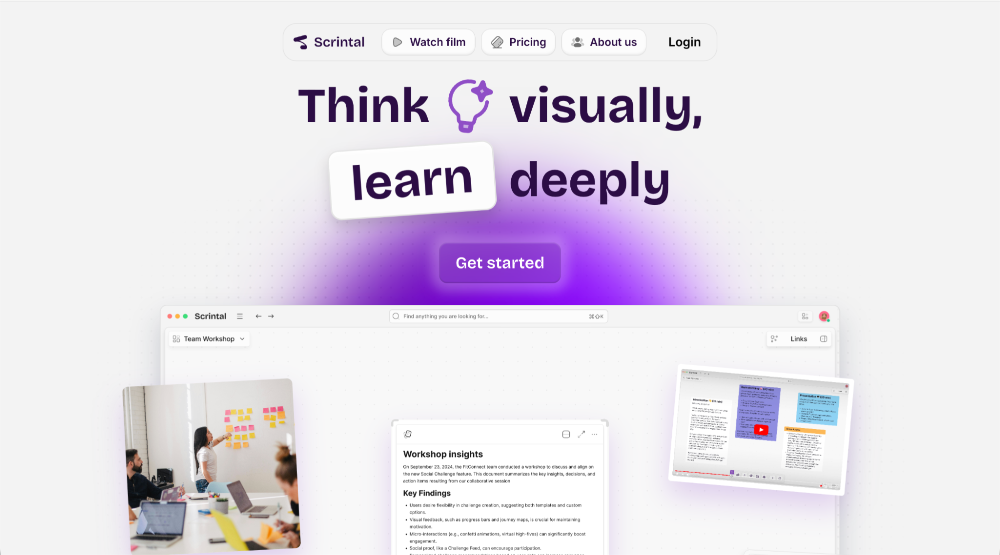 Scrintal homepage highlighting its visual thinking tool that blends mind-mapping and note-taking to help users learn deeply and organize ideas.