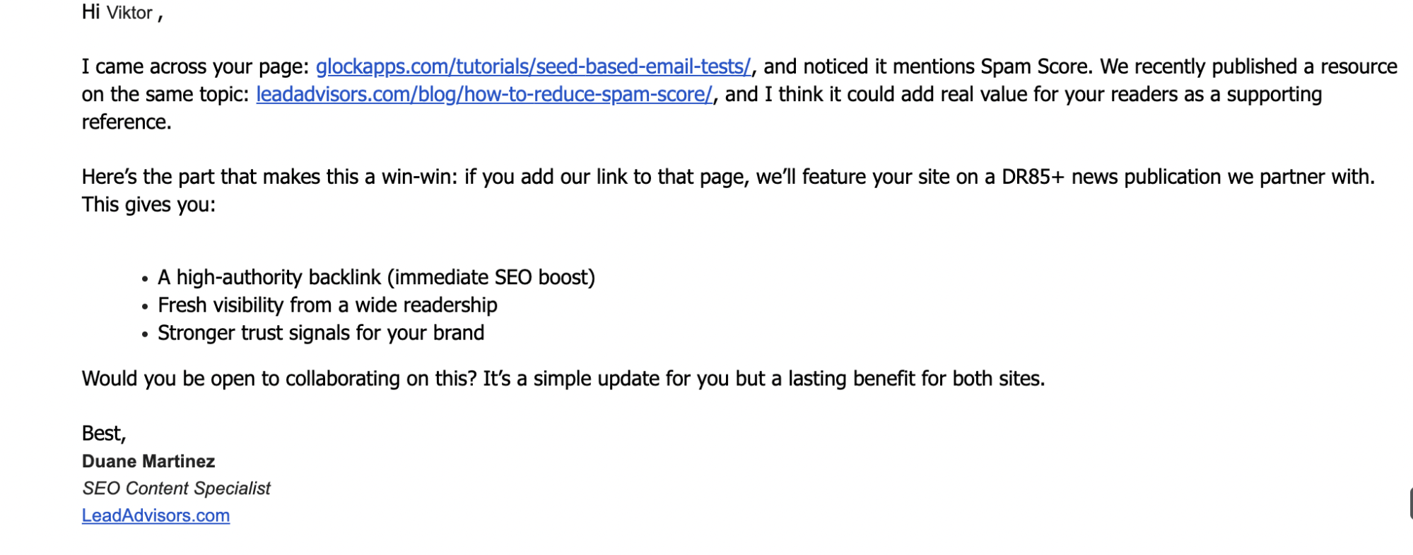 A screenshot of an SEO-focused outreach email proposing a link insertion exchange with clear benefits listed.