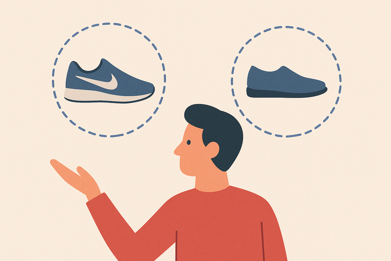 An illustrated person is choosing between two different types of shoes displayed in thought bubbles above their head.