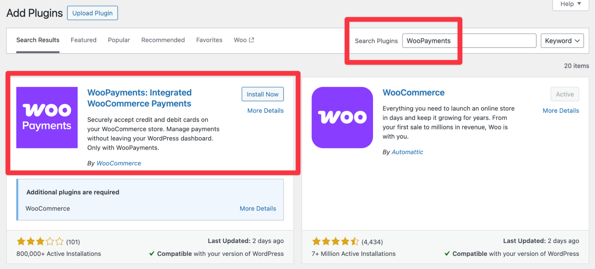 WordPress plugin screen showing how to search for and install the WooPayments plugin for WooCommerce.