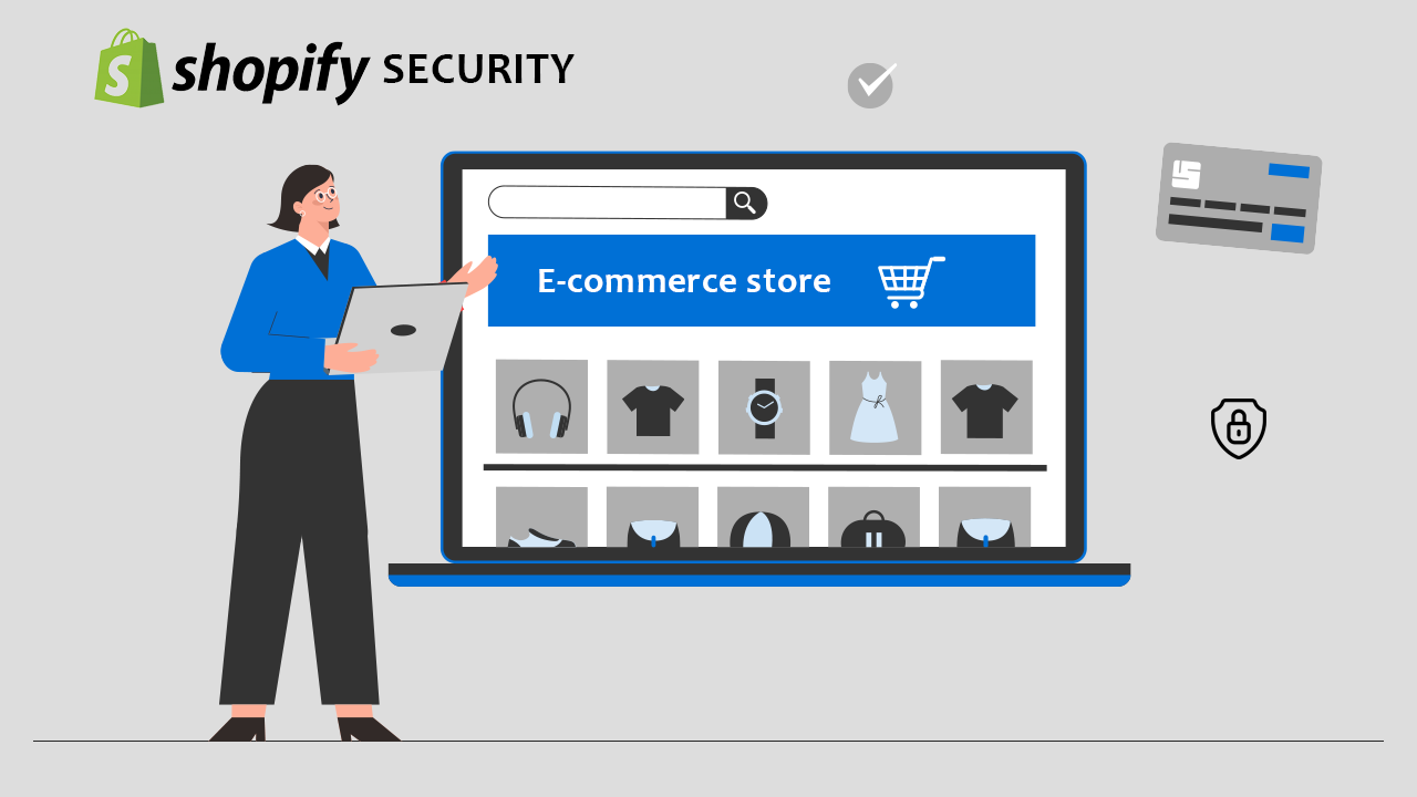 Illustration showing a secure Shopify ecommerce store interface with security icons and payment protection visuals.