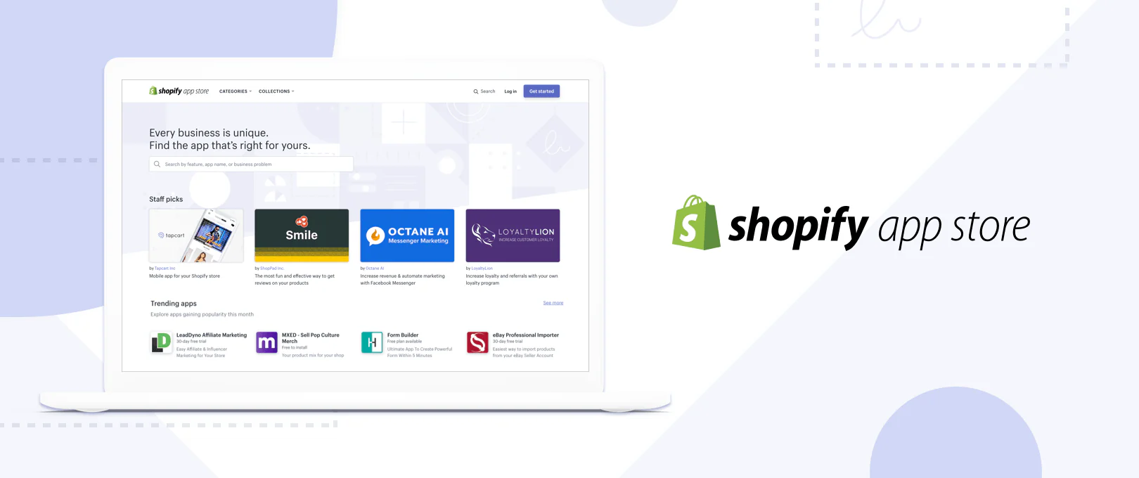 Shopify App Store dashboard displaying featured apps, staff picks, and search options for store enhancements.
