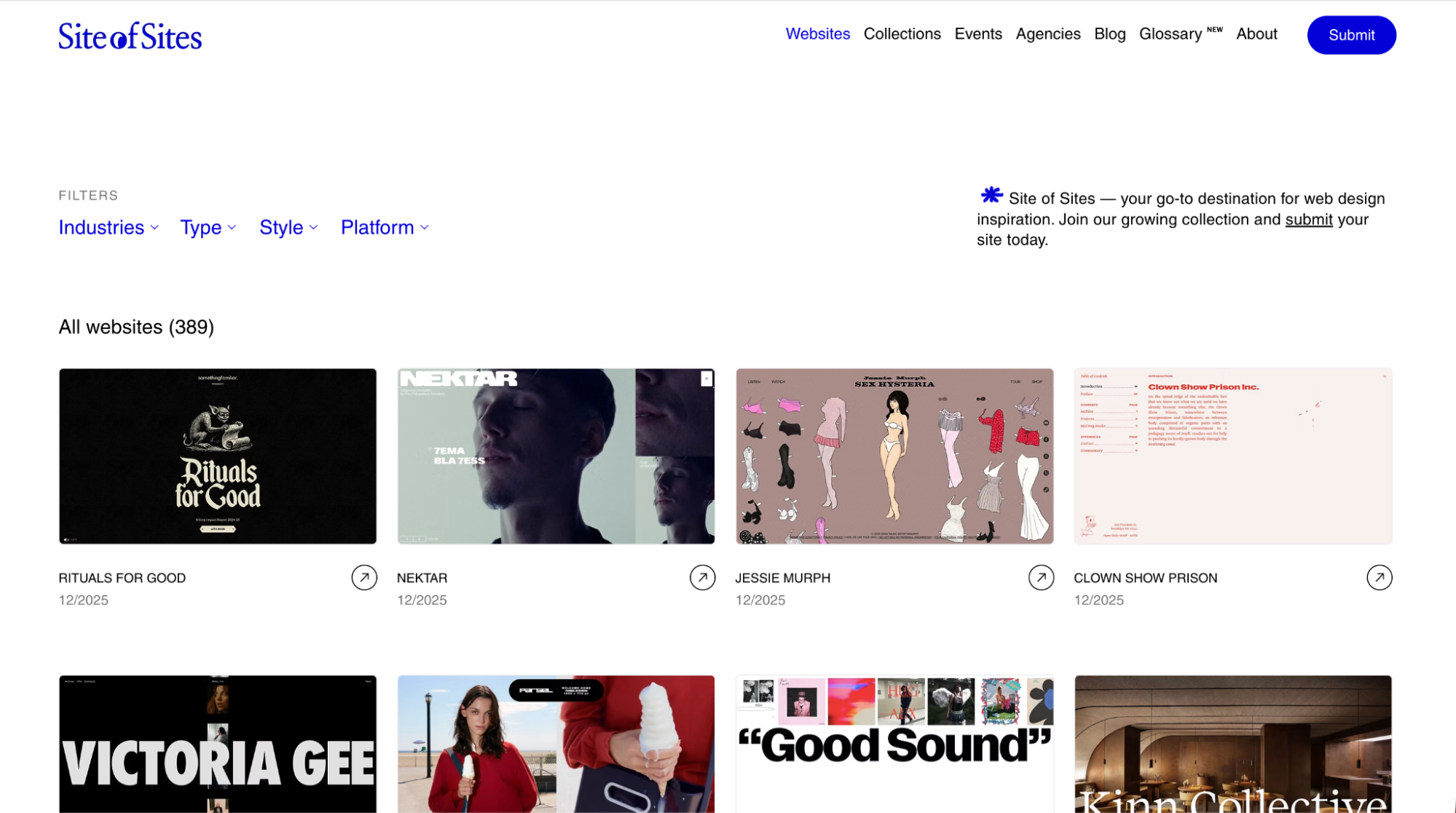 Site of Sites gallery featuring curated website designs as an Instagram alternative for web inspiration. It allows designers to explore and submit standout digital projects.