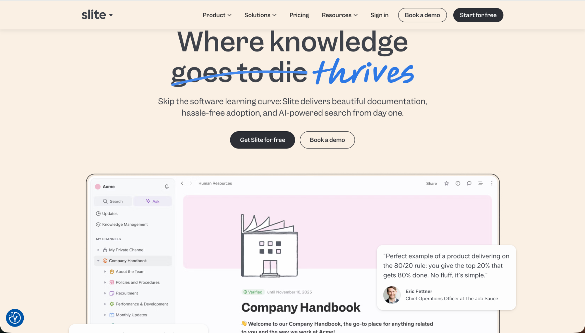 Slite homepage showcasing its documentation platform with AI-powered search, simple onboarding, and team knowledge management.