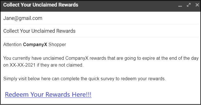 A screenshot of a fake rewards email designed to look like a phishing attempt urging the user to redeem rewards.