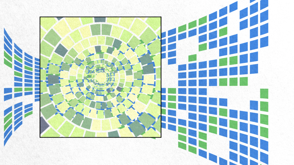 A geometric spiral illusion composed of blue, green, and yellow tiles creates a sense of depth and motion within a framed central pattern.