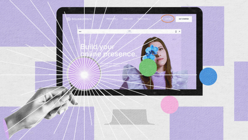 Illustration showing a hand activating a computer screen displaying the Squarespace website builder homepage with creative graphic elements around it.