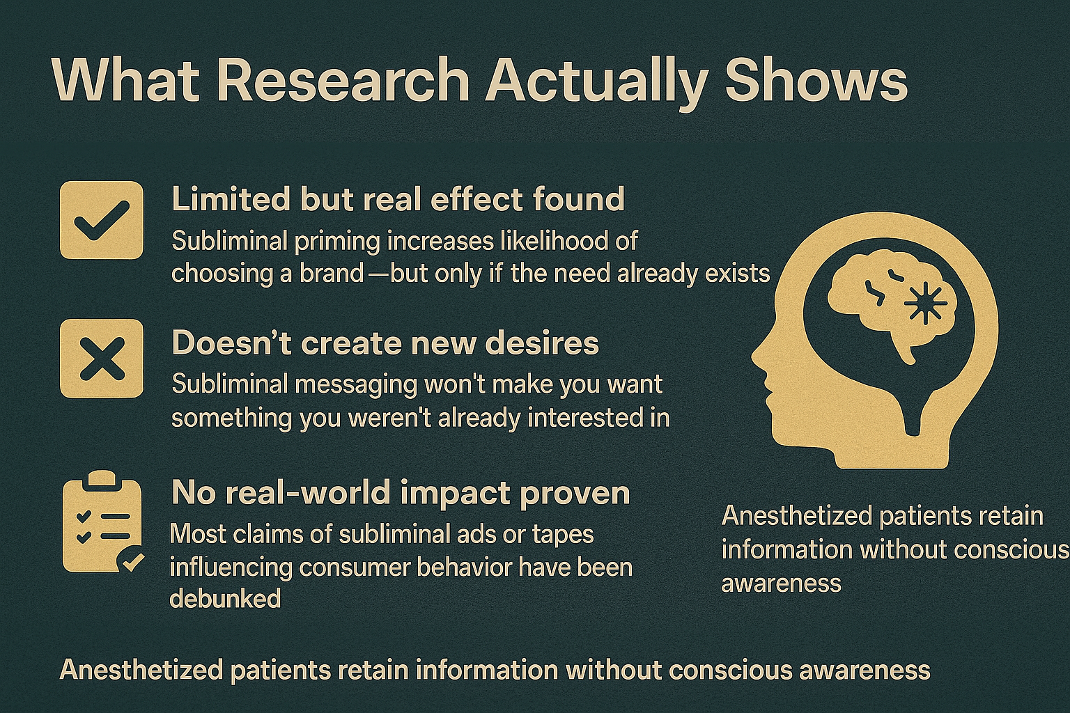 An infographic explains that subliminal messaging has limited effects, cannot create new desires, and lacks proven real-world impact according to research.