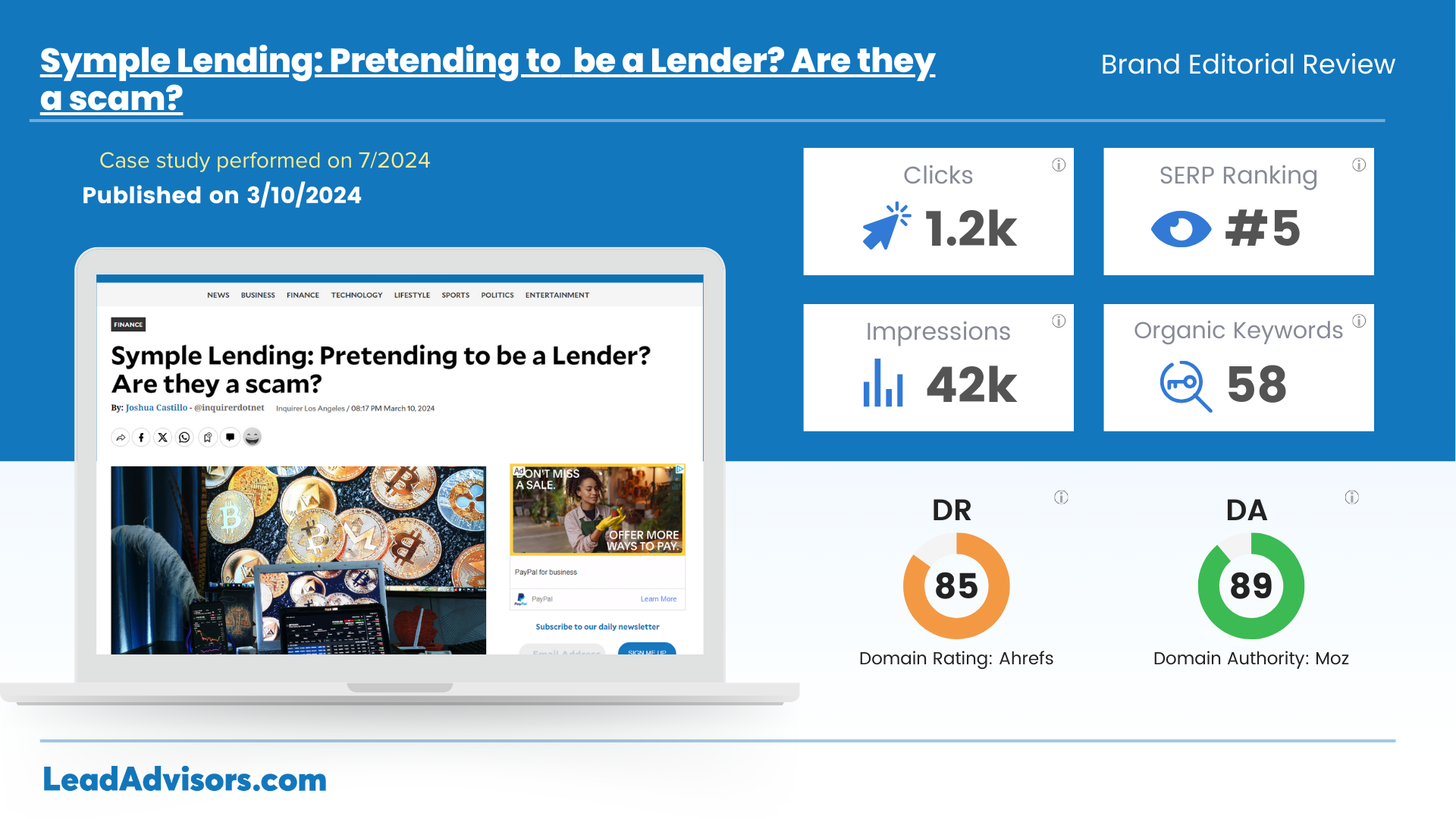 Brand editorial review case study for Symple Lending showing clicks, impressions, SERP ranking, organic keywords, and domain authority metrics.