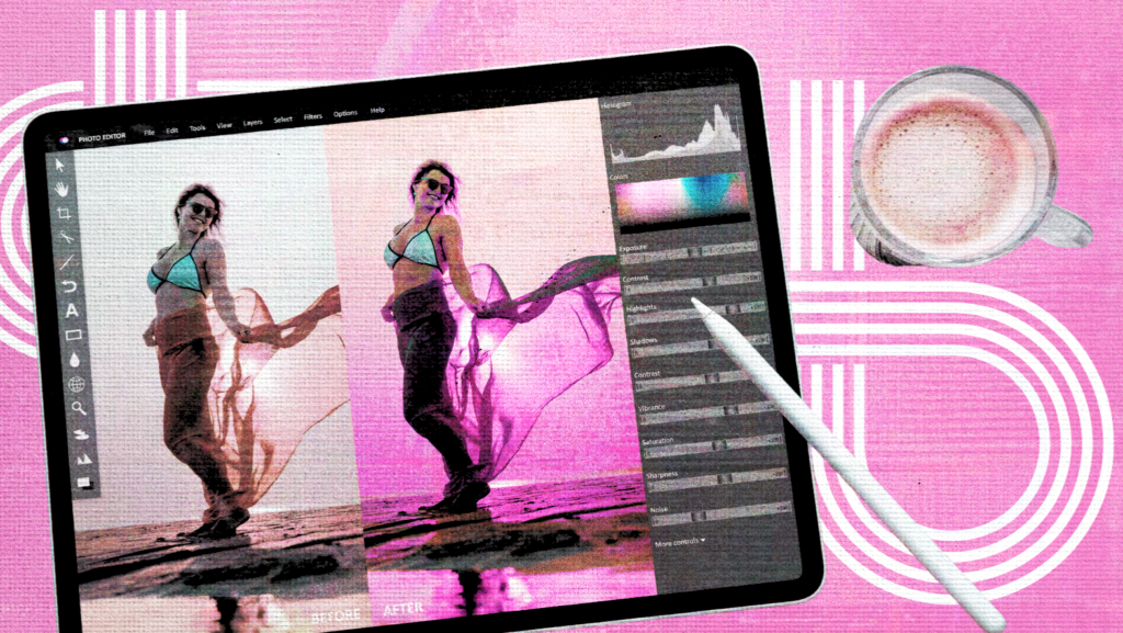 Close-up of a tablet running a photo editor, showing before-and-after images and adjustment sliders for exposure, contrast, and highlights. A stylus and coffee cup are visible beside the device.