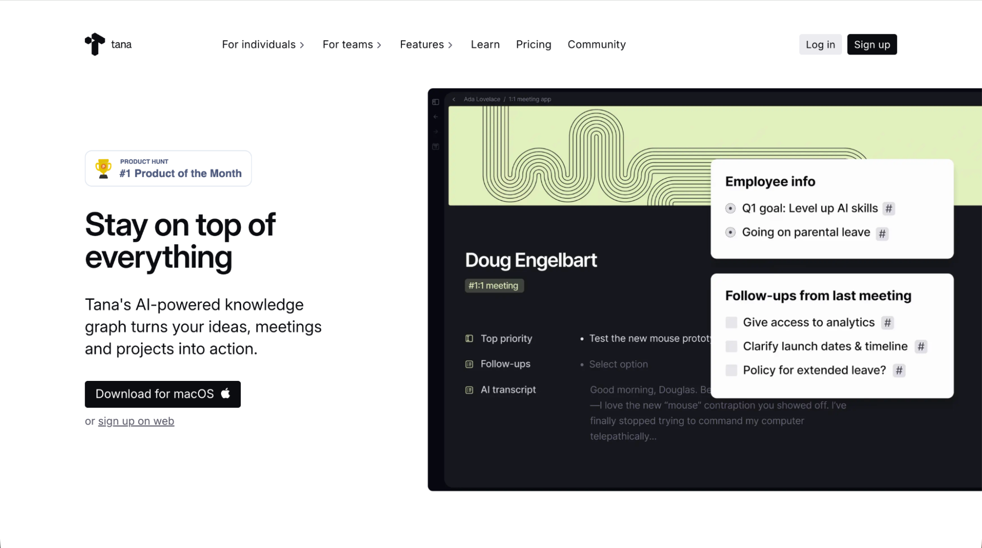ana homepage showcasing its AI-powered knowledge graph designed to organize ideas, meetings, and projects in one workspace.