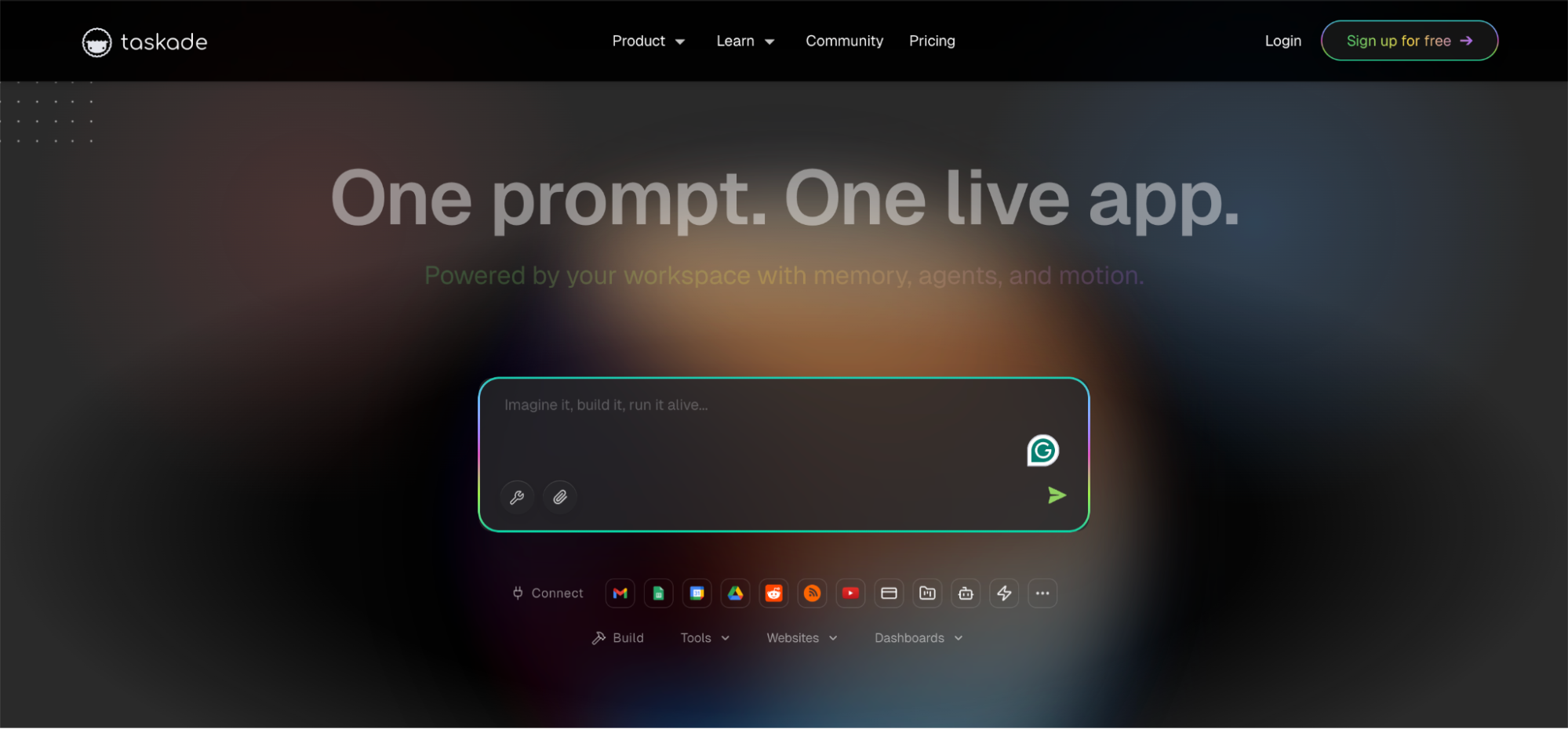Taskade landing page highlighting its AI-powered workspace that turns prompts into live apps using memory, agents, and automation.