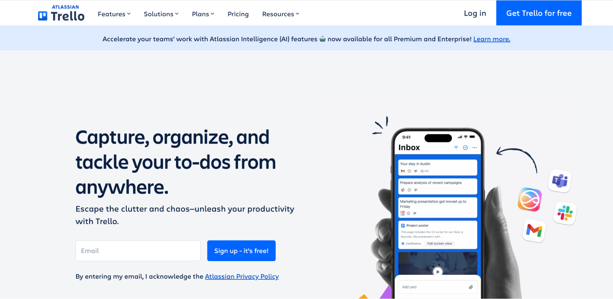 Trello homepage featuring its task management tool for capturing, organizing, and completing to-dos from anywhere across devices.