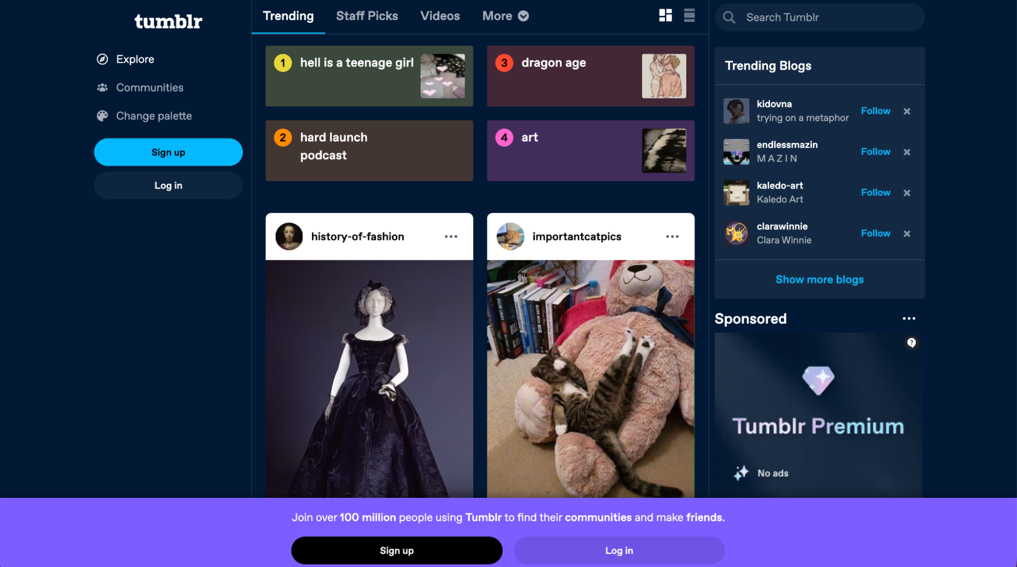 Tumblr dashboard showing trending posts, blogs, and visual content as an Instagram alternative. The platform emphasizes creative expression, fandoms, and interest-based communities.
