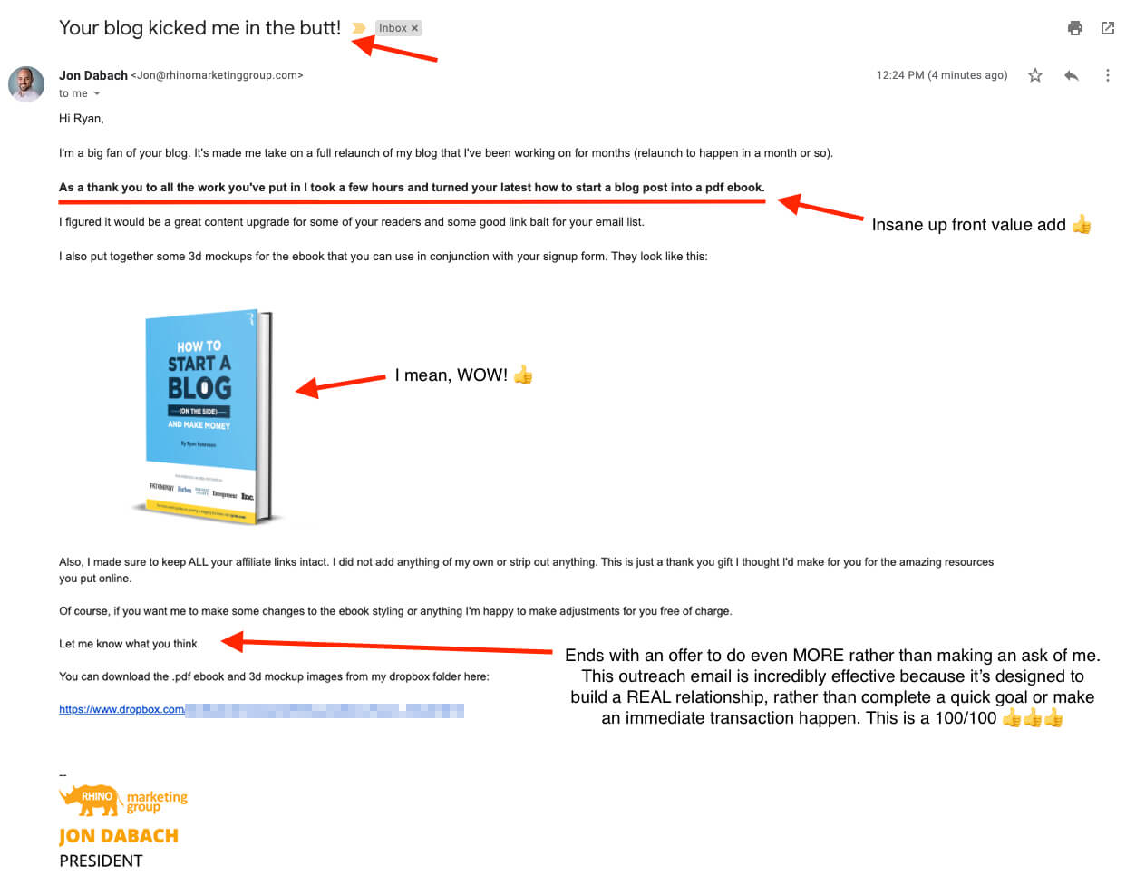 A screenshot of an outreach email offering a free ebook created from a blog post as an upfront value-add.