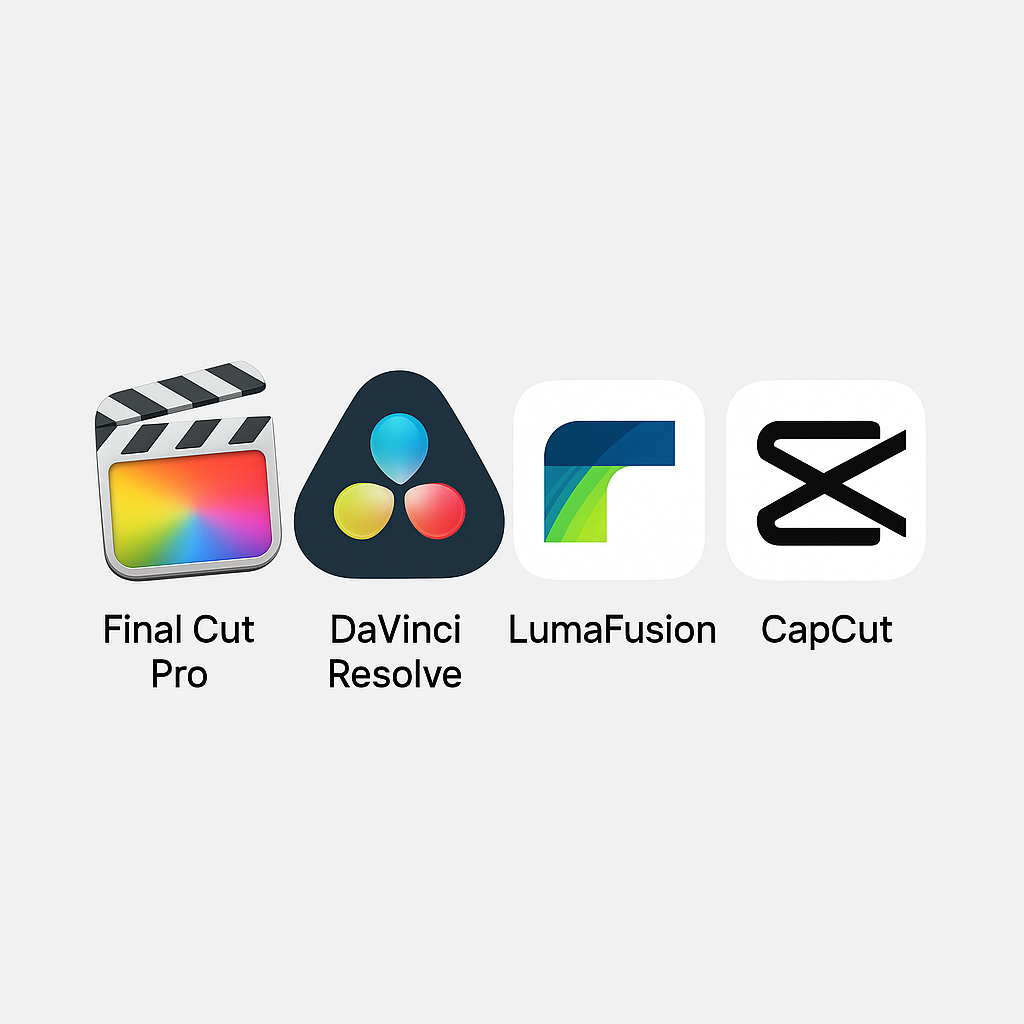 Comparison-style graphic showing popular video editing apps such as Final Cut Pro, DaVinci Resolve, LumaFusion, and CapCut.
