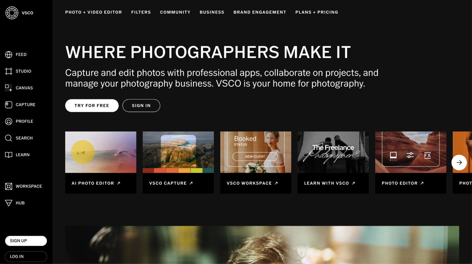 VSCO homepage highlighting photo editing, portfolios, and creative tools as an Instagram alternative. The platform blends publishing, collaboration, and professional workflows.