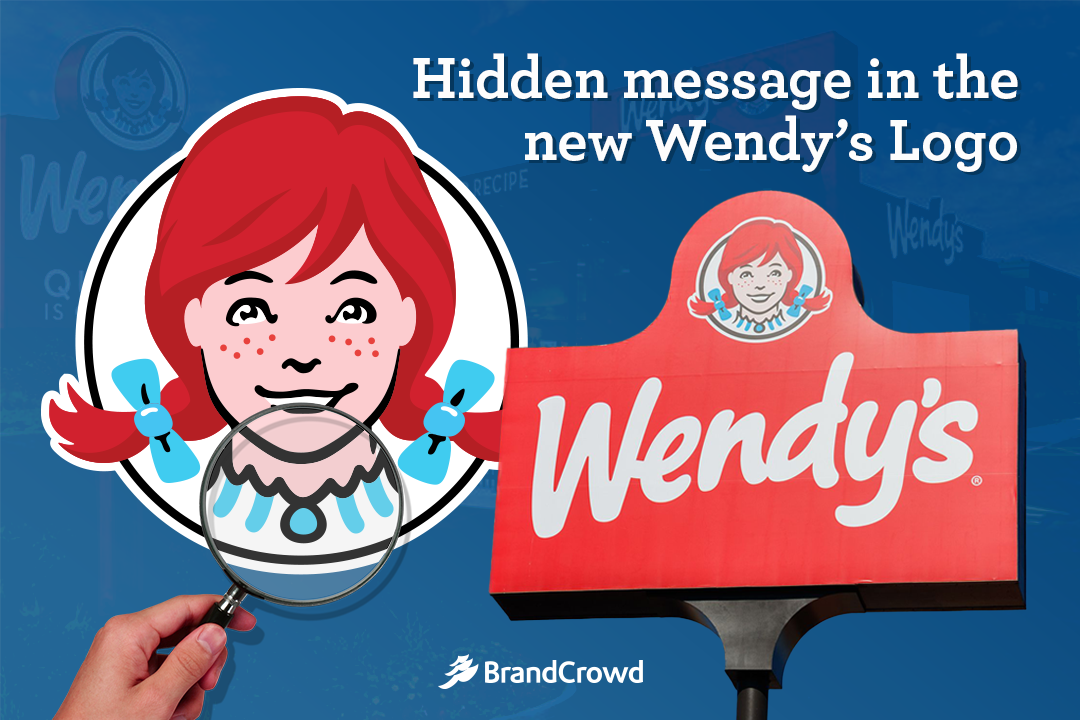 A graphic points out the hidden word “MOM” in the collar of the Wendy’s girl logo, suggesting a subtle branding message.