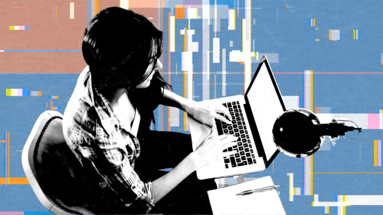 A stylized illustration of a woman typing on a laptop while surrounded by colorful digital glitch graphics.