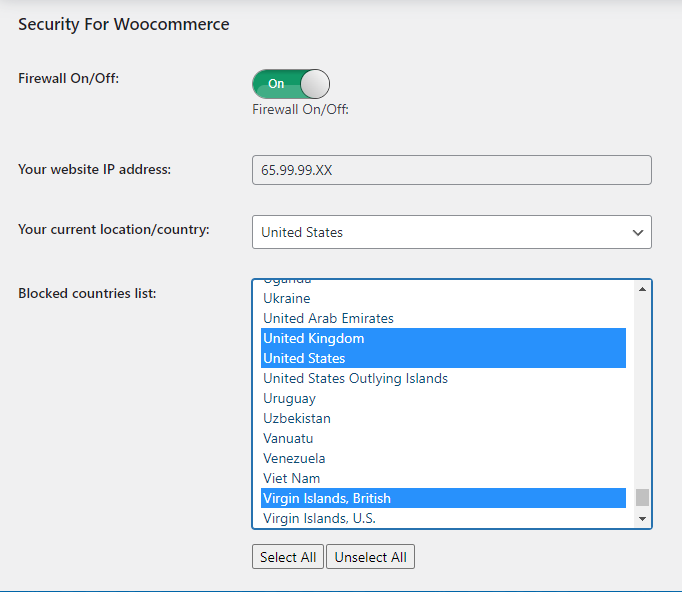 Firewall configuration screen displaying a list of blocked countries for WooCommerce site security.