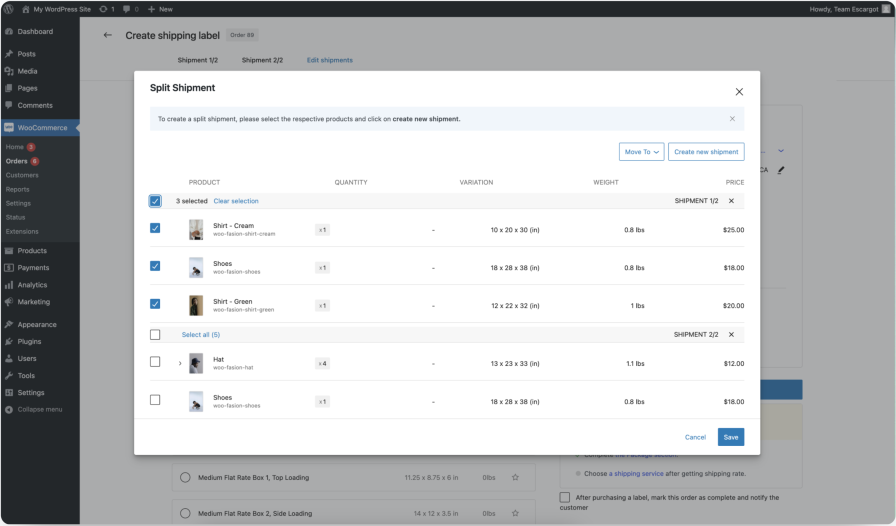 WooCommerce dashboard screen displaying split shipment options with product selection, weights, and pricing details.