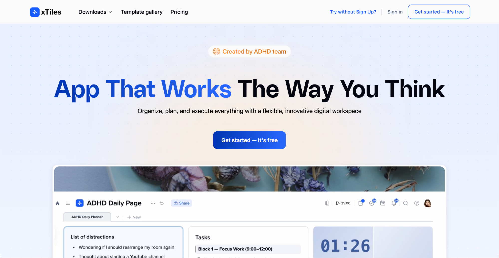 xTiles homepage promoting its flexible digital workspace app designed for planning, organization, and ADHD-friendly workflows.