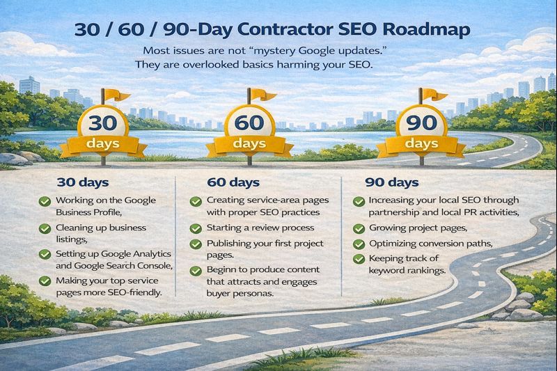 Infographic outlining a 30, 60, and 90-day SEO roadmap for contractors with key actions at each stage.