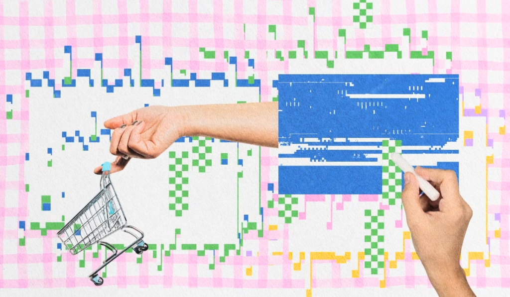 An artistic, glitch-style collage featuring a hand holding a miniature shopping cart against a pixelated, pink-checkered background.