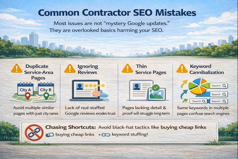 Infographic highlighting common contractor SEO mistakes like duplicate pages and keyword cannibalization.