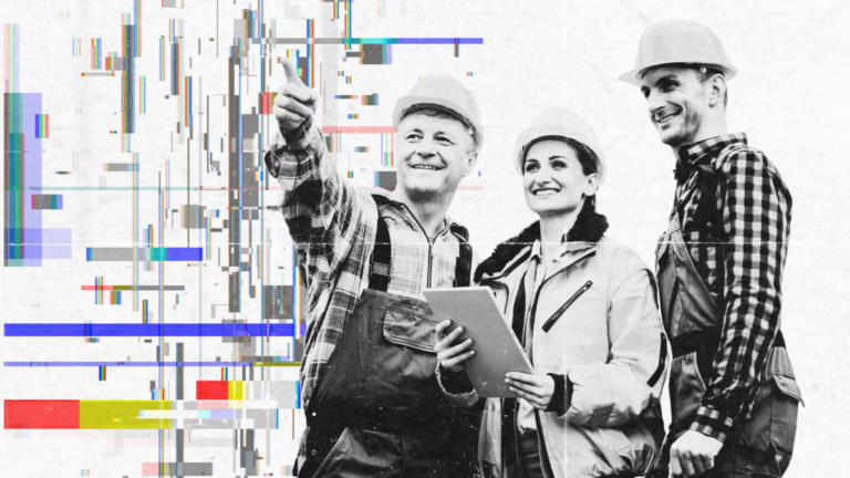 Construction team reviewing plans on-site with a digital glitch-style overlay effect.
