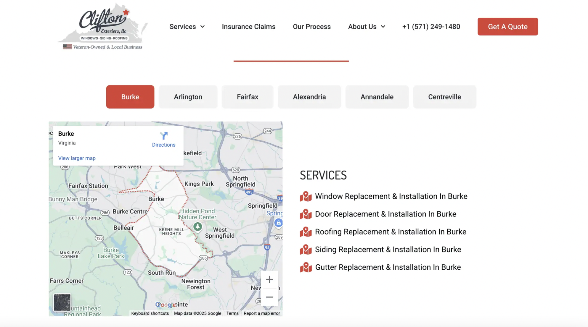Contractor website showing service area tabs with a Google Map and location-based services.