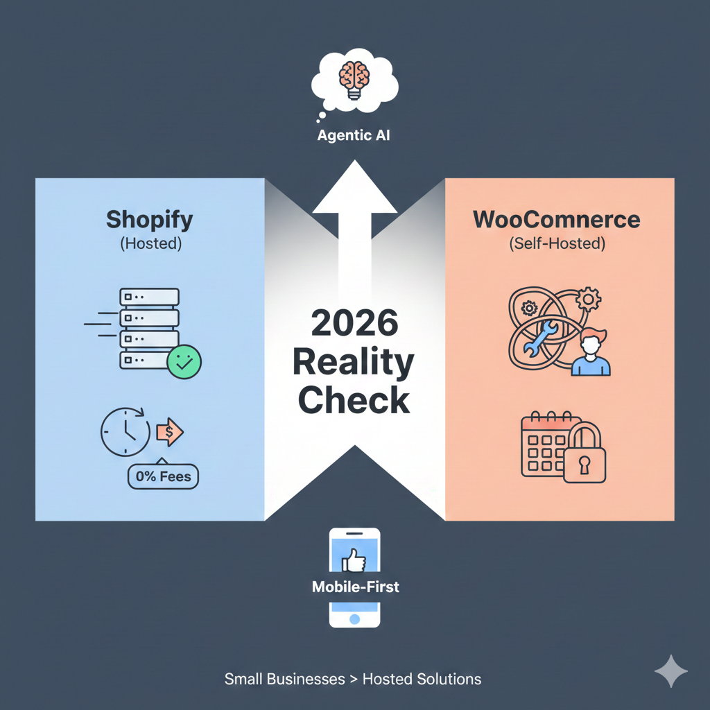A conceptual graphic comparing hosted Shopify versus self-hosted WooCommerce in the context of 2026's mobile-first and AI-driven market.