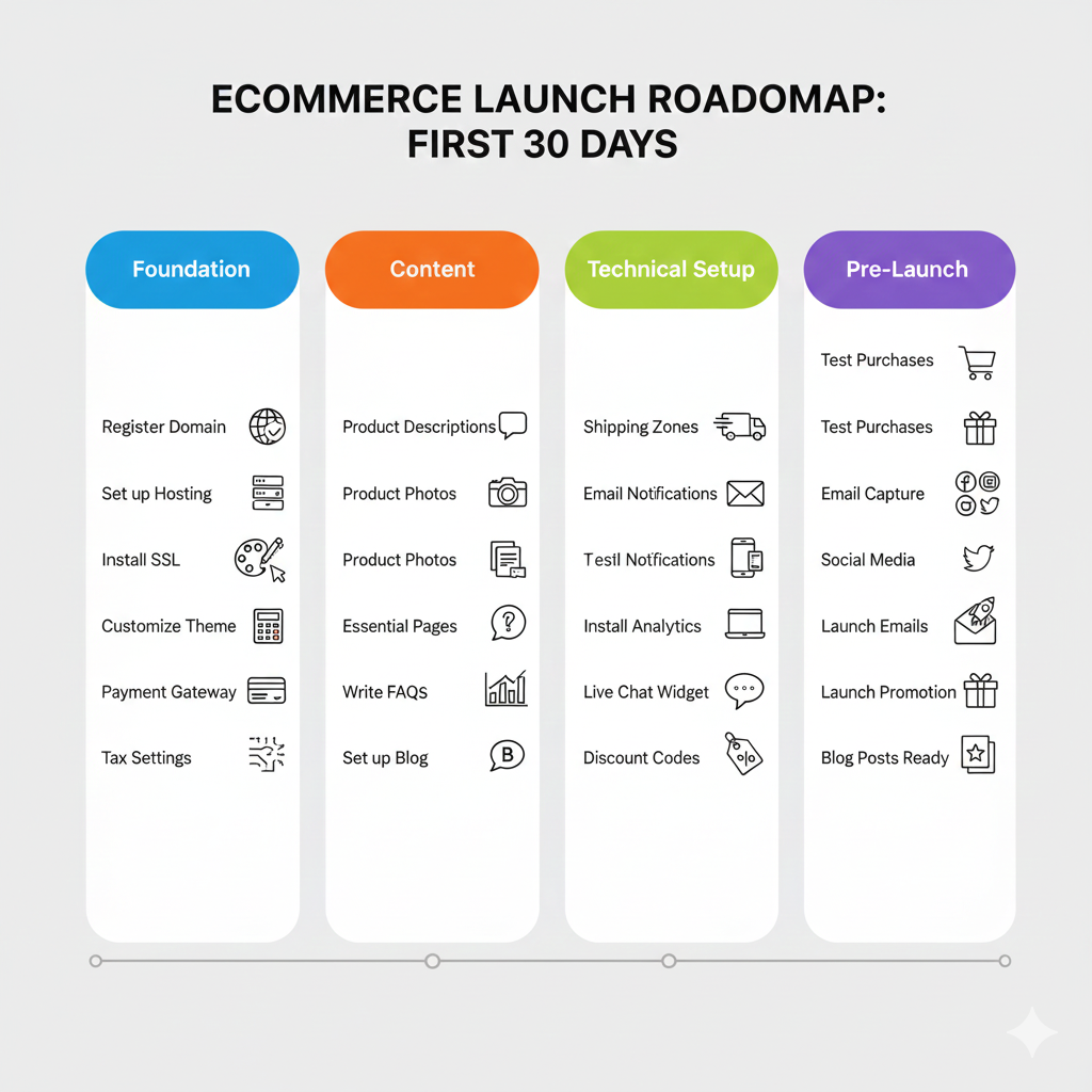 A 30-day ecommerce launch roadmap divided into Foundation, Content, Technical Setup, and Pre-Launch phases.
