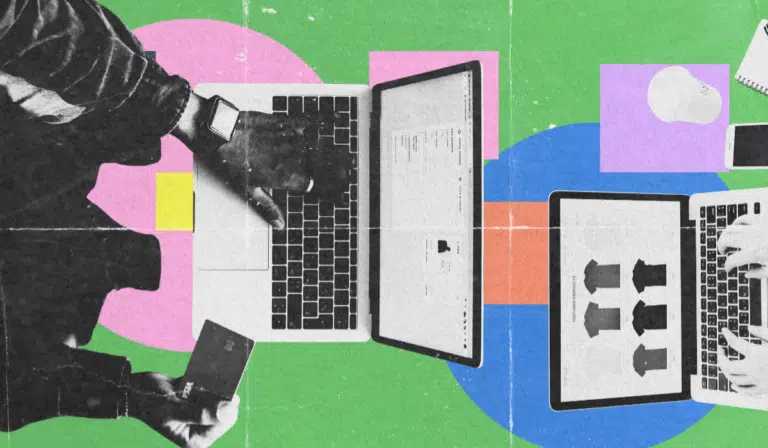 A colorful, stylized collage of people using laptops for online shopping and ecommerce management, featuring a person holding a credit card and product listings on screens.