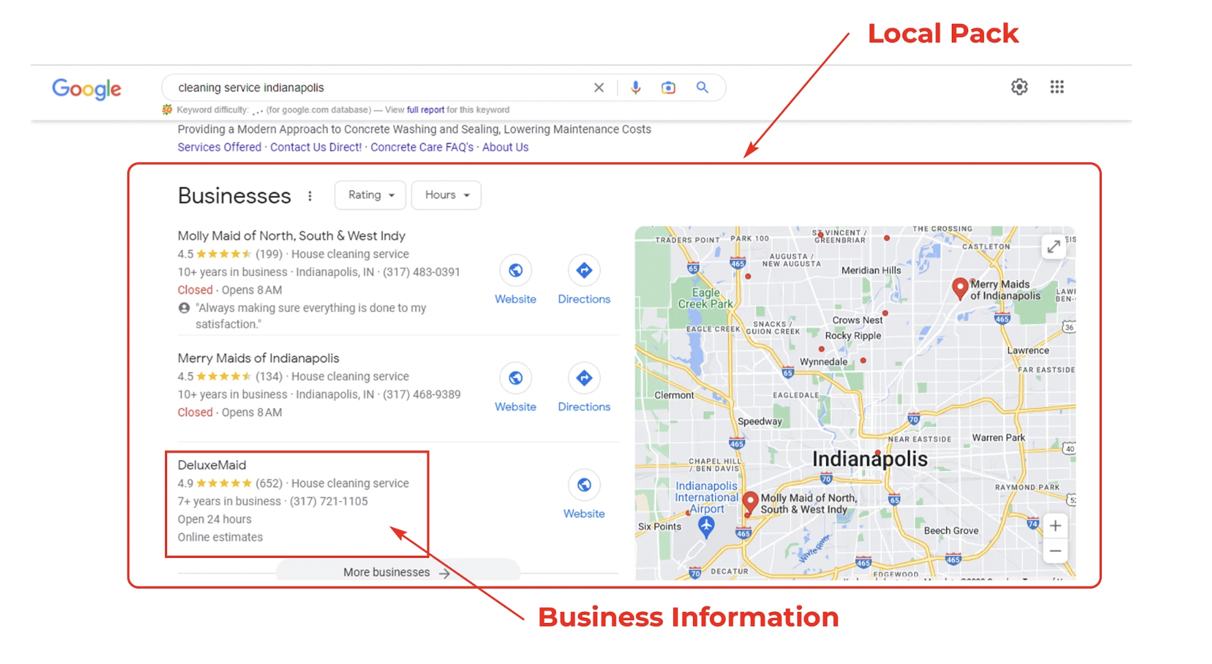 Google local pack example showing cleaning service listings with ratings and business details.