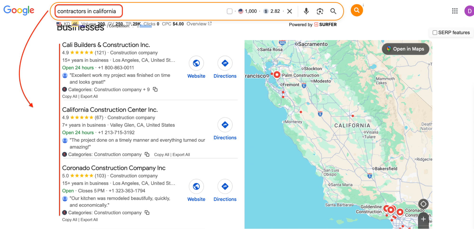 Google local pack results showing construction contractors listed across California on a map.