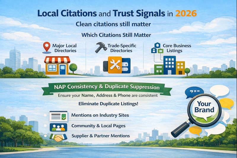 Visual explaining local citations, NAP consistency, and trust signals for local SEO.