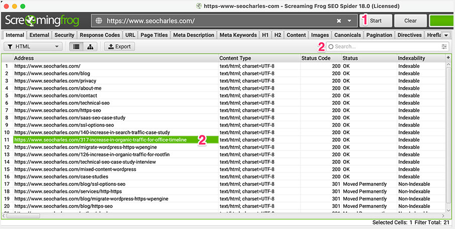 Screaming Frog SEO Spider showing indexed URLs, status codes, and crawl data.