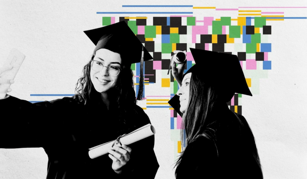 Two graduates in black caps and gowns holding diplomas against a colorful geometric digital background, representing successful transfer student pathways in 2026.