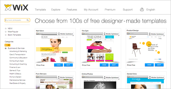 A screenshot of the Wix website builder interface showing various free designer-made templates for different business categories.