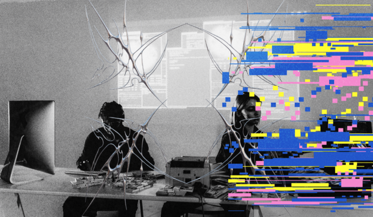 Abstract digital art representing a cybersecurity operations center with two analysts working at a desk surrounded by glitch effects, data overlays, and stacks of cash. This visual symbolizes the high-stakes environment of cyber lead generation and digital asset protection