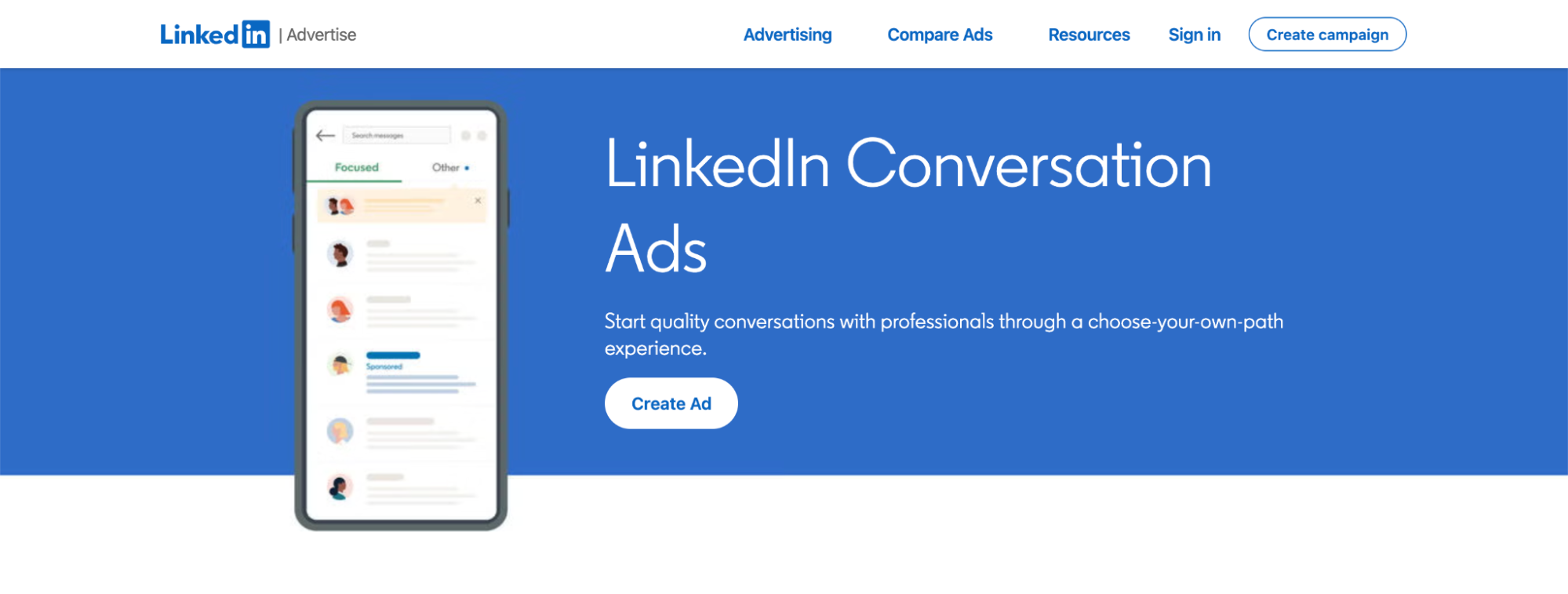 LinkedIn Advertise interface for Conversation Ads featuring a mobile phone mockup showing a "choose-your-own-path" messaging experience for professional lead generation.