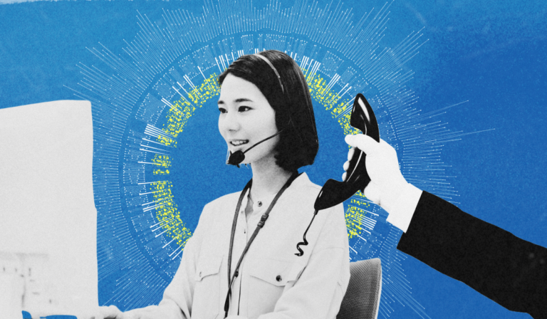A call center agent wearing a headset while a hand reaches into the frame holding a phone receiver, symbolizing a successful connection.