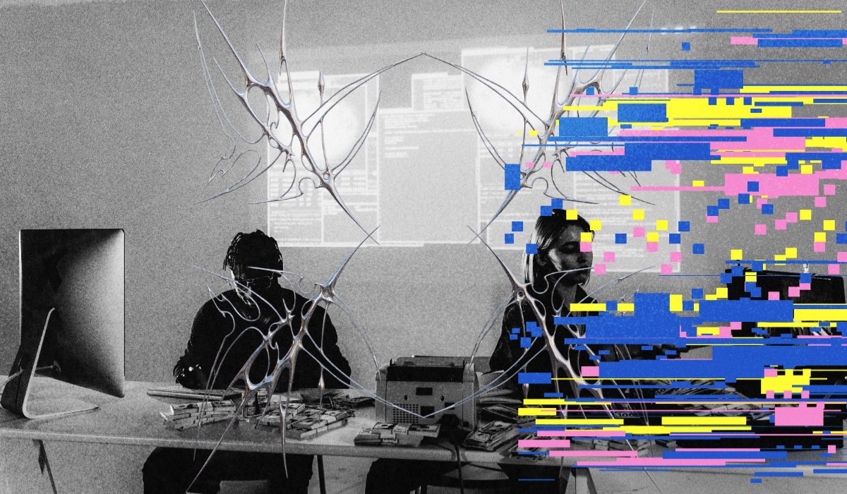 Abstract digital art representing a high-stakes cybersecurity operations environment with glitch effects and modern aesthetic overlays to illustrate cyber resilience.