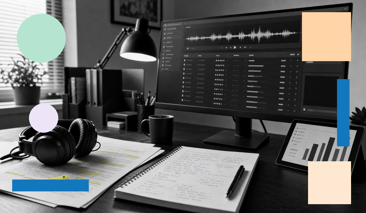 A call center quality assurance workstation showing an AI-powered call monitoring dashboard on screen, with headphones and scoring notes, representing AI-assisted call QA in a managed BPO operation.