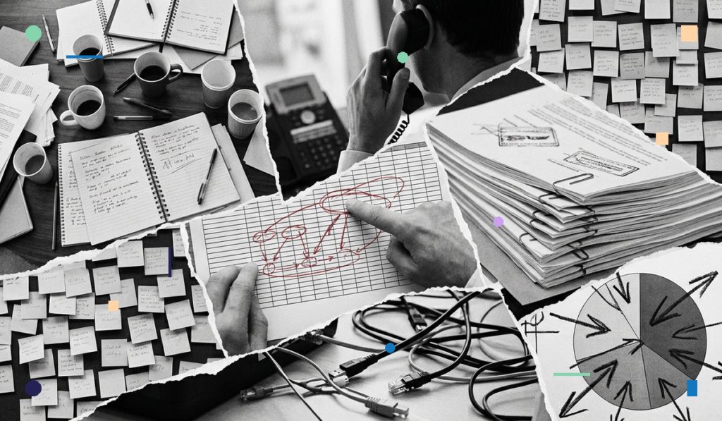 Black-and-white collage of a sales floor owner managing multiple vendor reports, sticky notes, tangled cables, and stacked paperwork, representing the hidden chaos of BPO vendor stacking.