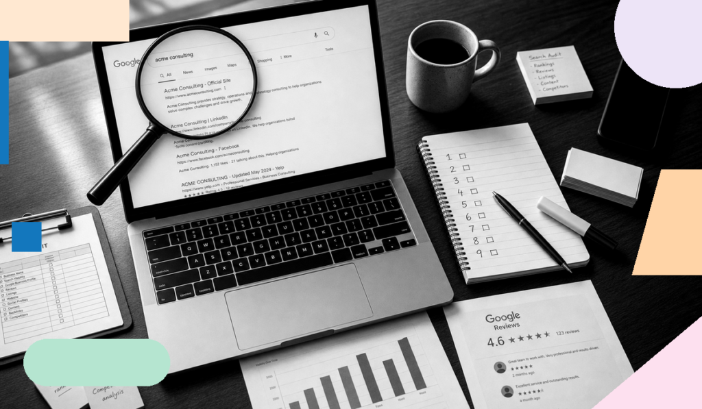 A laptop displaying Google search results for a company name alongside a handwritten audit checklist, Google reviews printout, and competitor analysis notes — representing a brand search audit in progress.