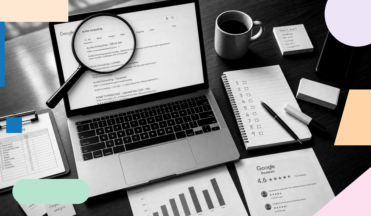 A laptop displaying Google search results for a company name alongside a handwritten audit checklist, Google reviews printout, and competitor analysis notes — representing a brand search audit in progress.